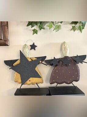 Pair of Primitive Style Wood and Metal Angels
